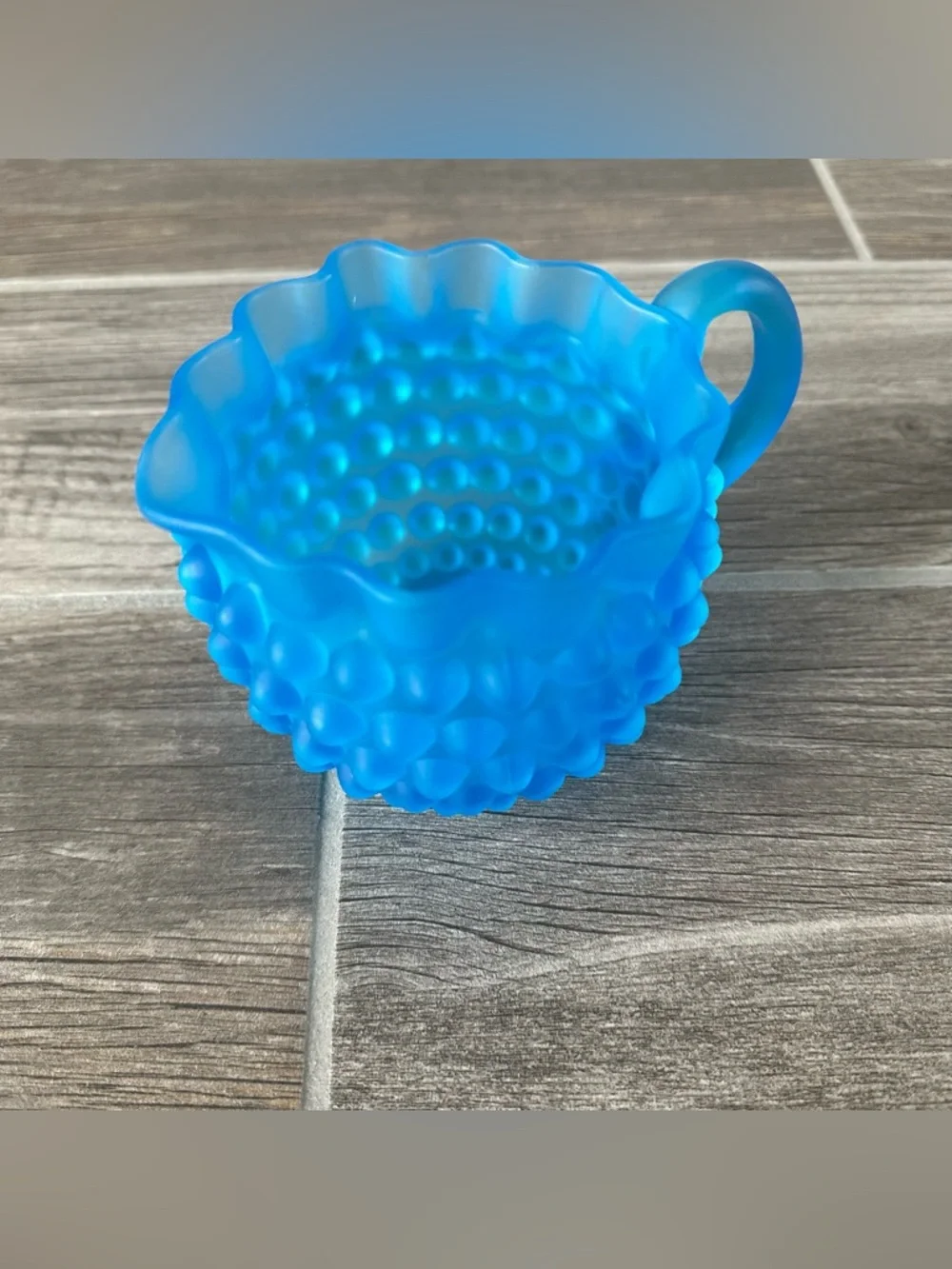 Vintage Fenton Frosted Satin Blue Teal Hobnail W/Ruffled Edge Table Creamer